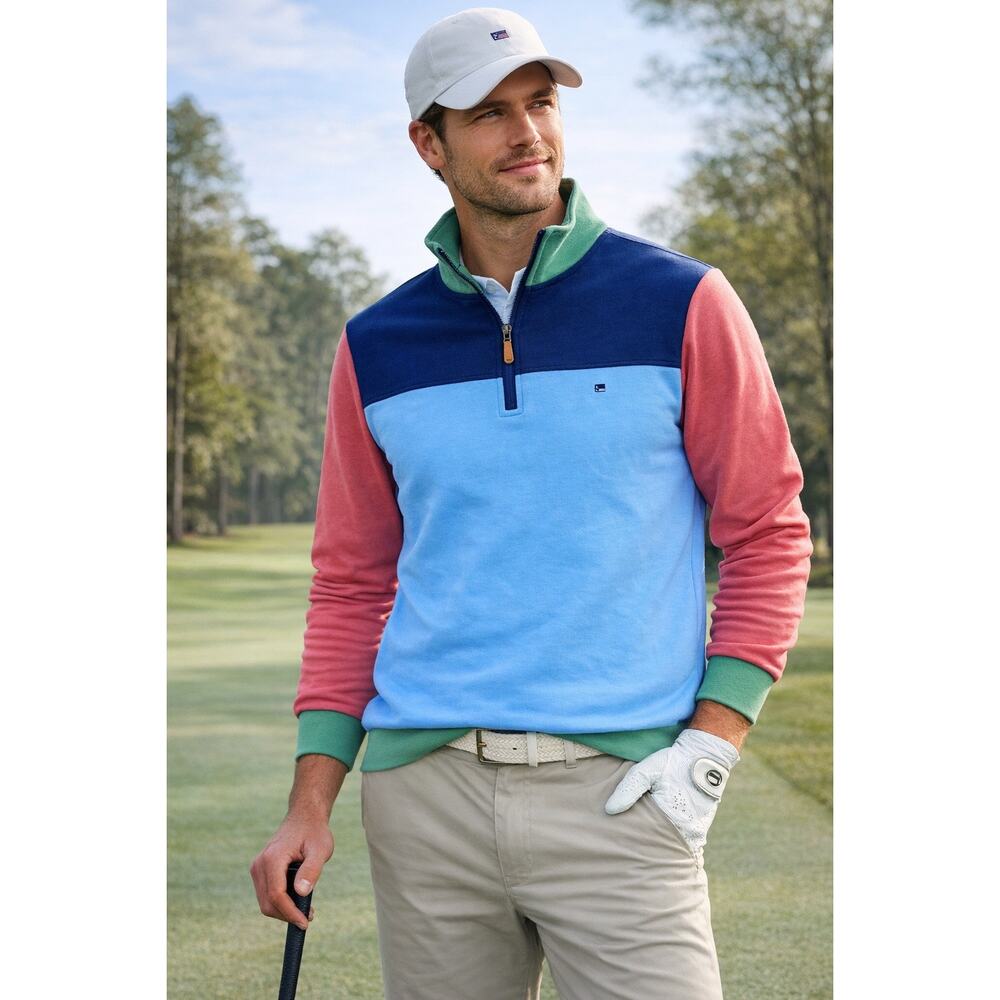 Crown & Ivy Mens Colorblock 1/4 Zip Pullover Blue Pink Green Size L Preppy NWT